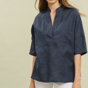 Listicle Short Sleeve Linen Shirt Navy